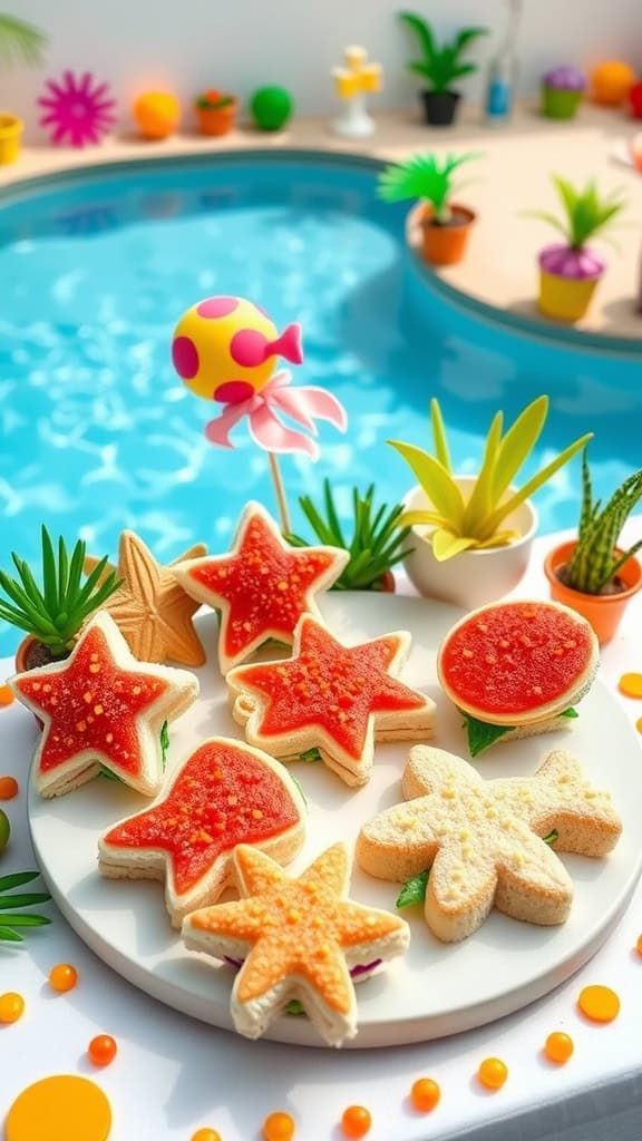 Ocean-themed mini sandwiches shaped like sea creatures for a kids' pool party.