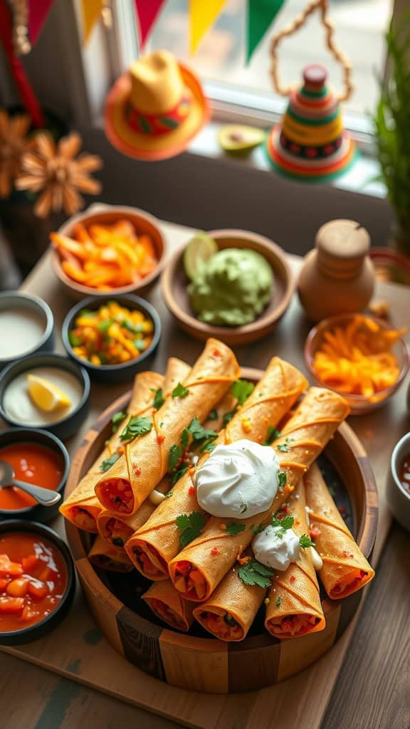 A delicious plate of taquitos with dips, perfect for a Mexican party.