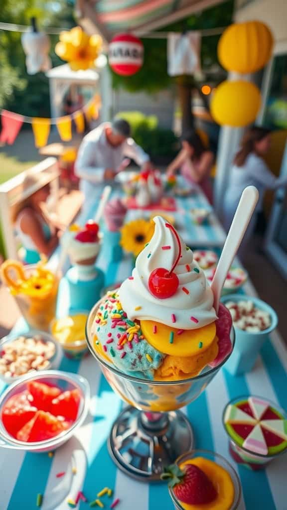 A colorful ice cream sundae with sprinkles and a cherry on top, representing a DIY ice cream sundae bar.