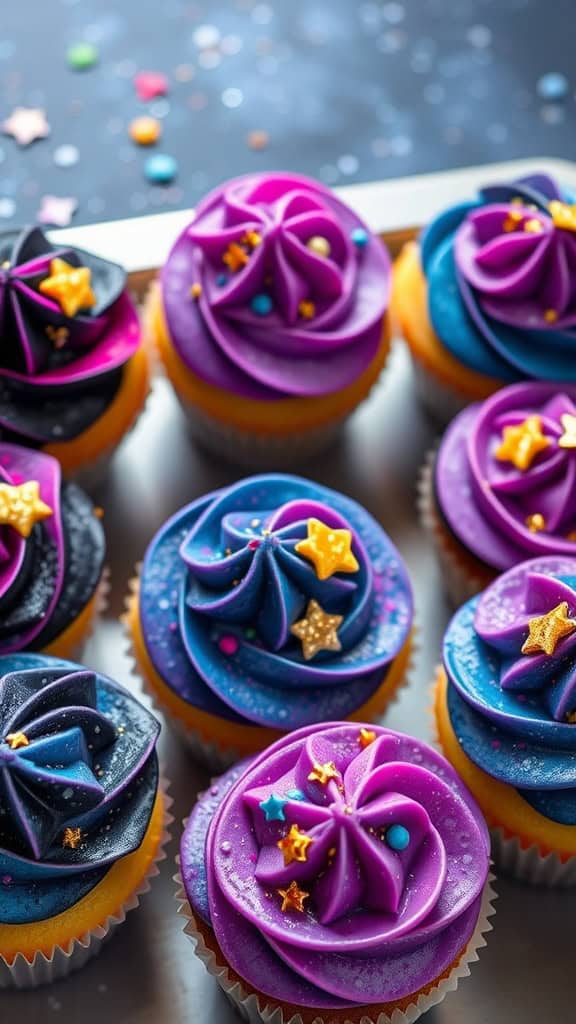 Colorful cupcakes with swirled frosting in shades of purple, blue, and black, decorated with star sprinkles.