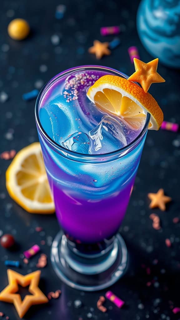 A glass of colorful lemonade with lemon slices and star-shaped decorations.