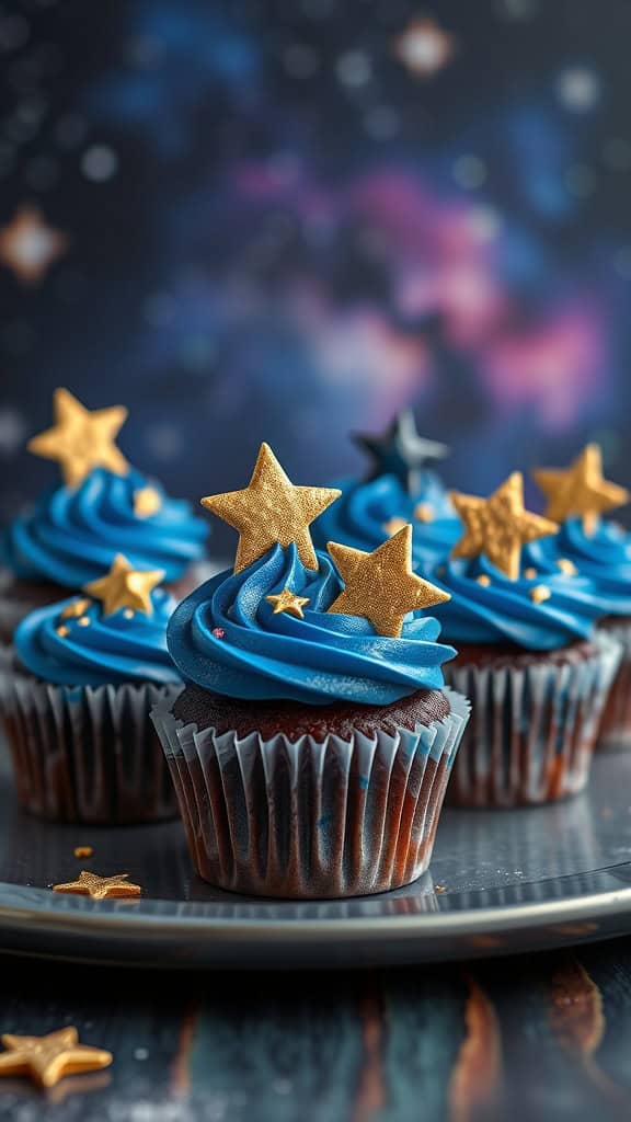 Galaxy-themed cupcakes with blue frosting and star decorations