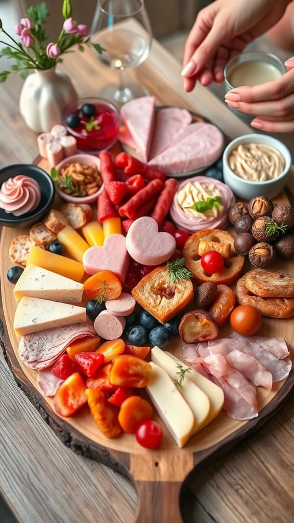 A beautifully arranged Galentine's Day food board featuring cheeses, meats, fruits, and sweets.