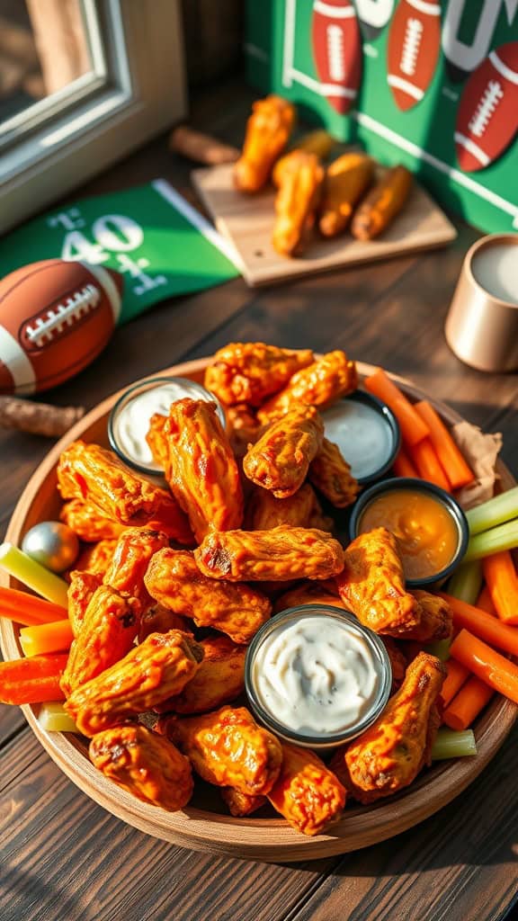 A platter of hot wings served with carrot and celery sticks, and dips.