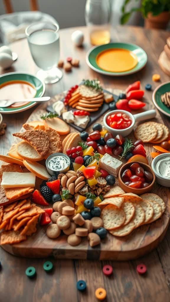 A colorful food board filled with cheeses, crackers, fruits, nuts, and dips perfect for game night.