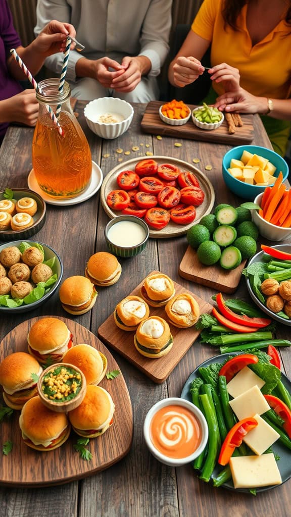 Delicious finger foods for a game night party, including sliders, vegetables, and dips.