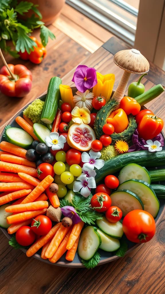 A colorful crudité platter featuring various vegetables and edible flowers arranged like a fairy garden.