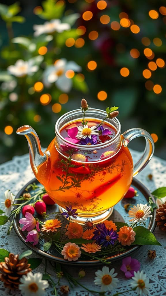 A teapot filled with herbal tea, garnished with edible flowers and surrounded by more flowers.