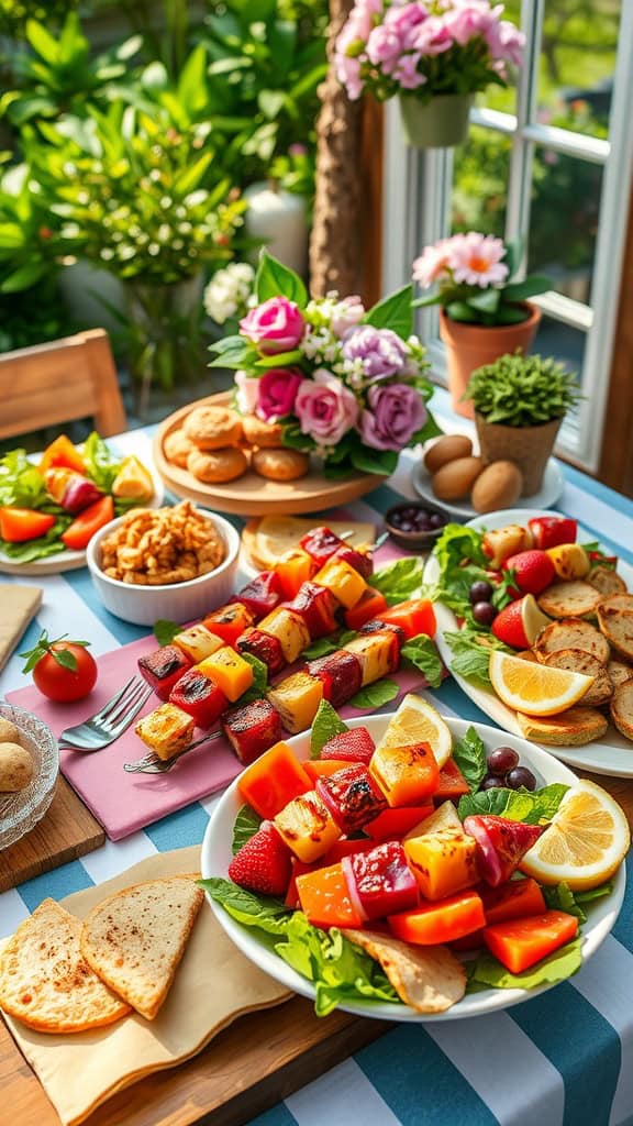 A colorful garden party buffet with fresh fruit and vegetable skewers, salad, and light appetizers.