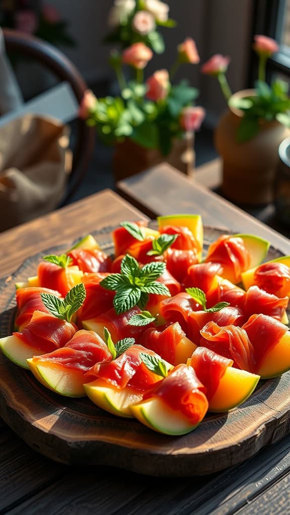 A platter of prosciutto-wrapped melon bites garnished with mint leaves.