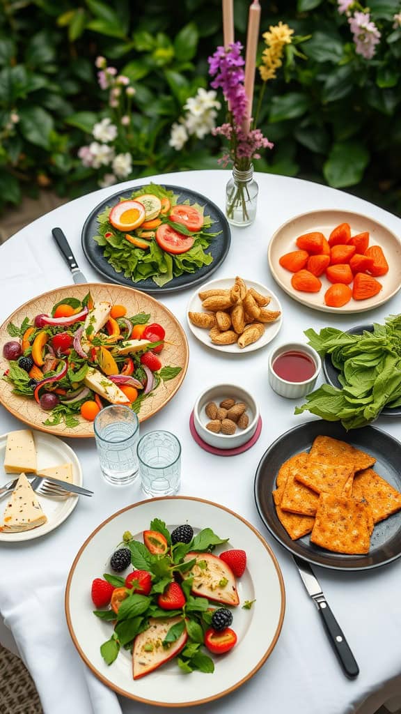 A vibrant spread of fresh salads and fruits ideal for a garden party.