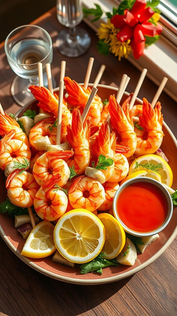 Delicious garlic butter shrimp cocktail skewers with lemon slices and dipping sauce.