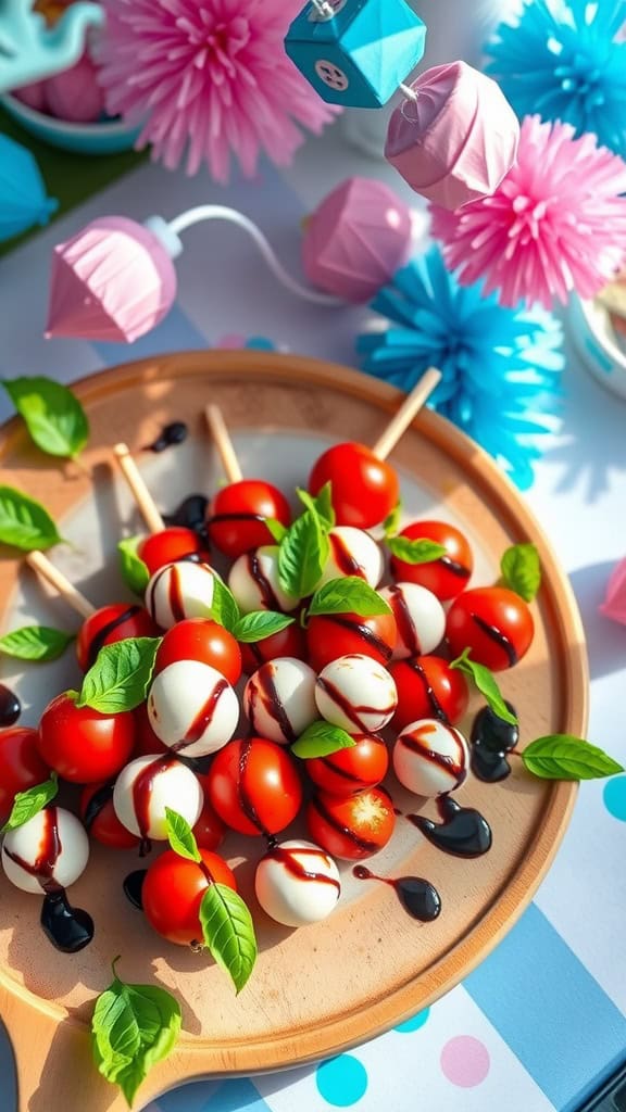 Mini Caprese skewers with cherry tomatoes, mozzarella, and basil on a wooden platter