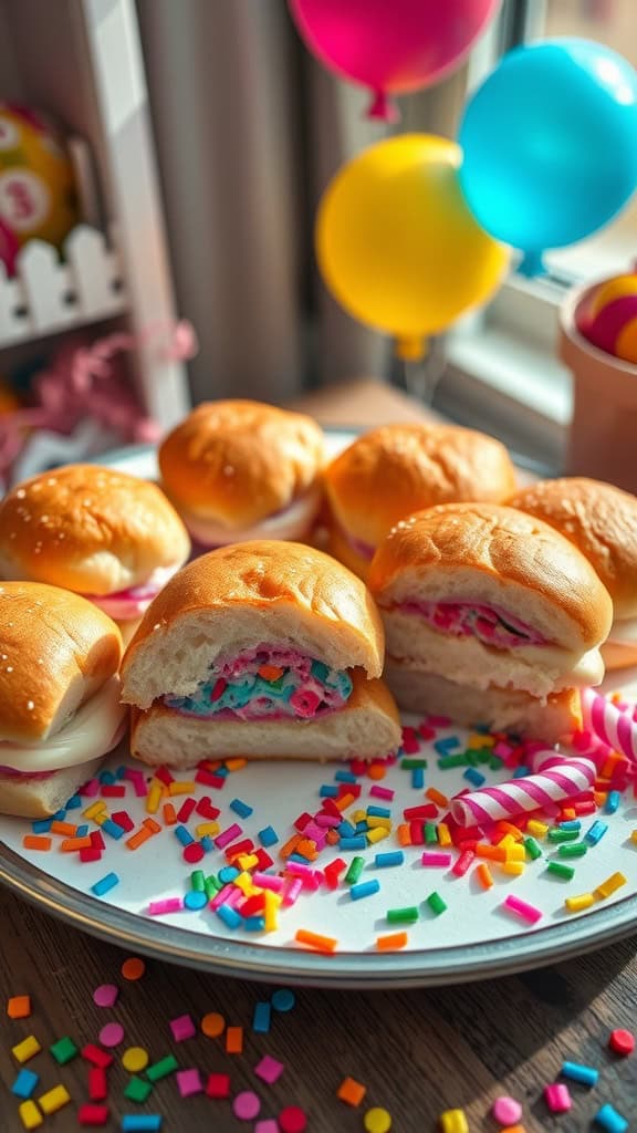 Mini sliders with vibrant fillings, perfect for a gender reveal party.