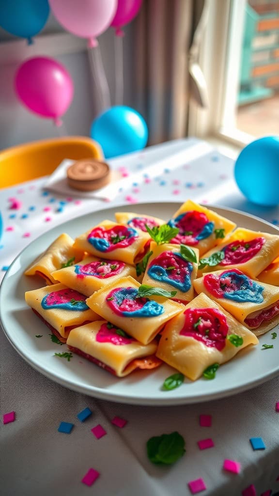 Delicious colorful stuffed pasta for a gender reveal party.