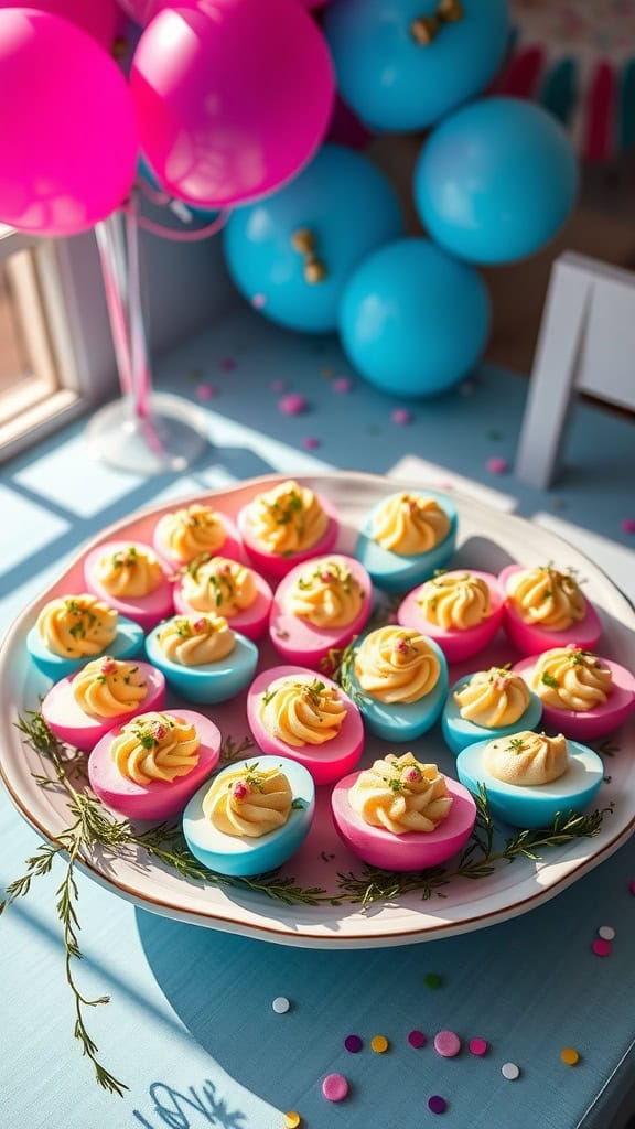 Colorful blue and pink deviled eggs on a plate, perfect for a gender reveal party.