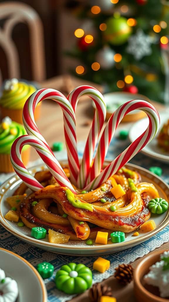 A colorful plate of Gingy’s Candy Cane Swirls with candy canes and festive decorations.