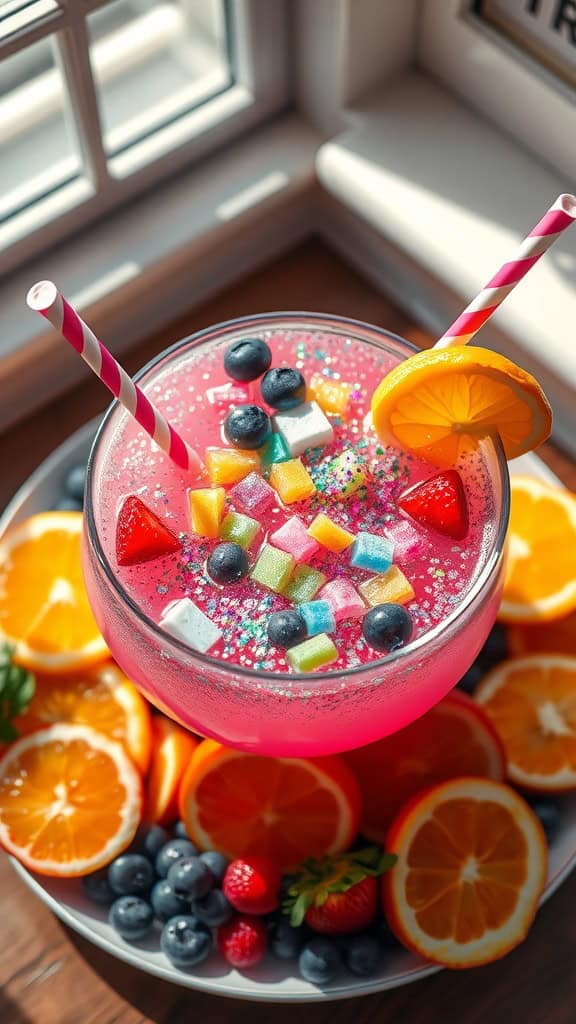 Colorful fruity punch in a bowl with garnish and glitter