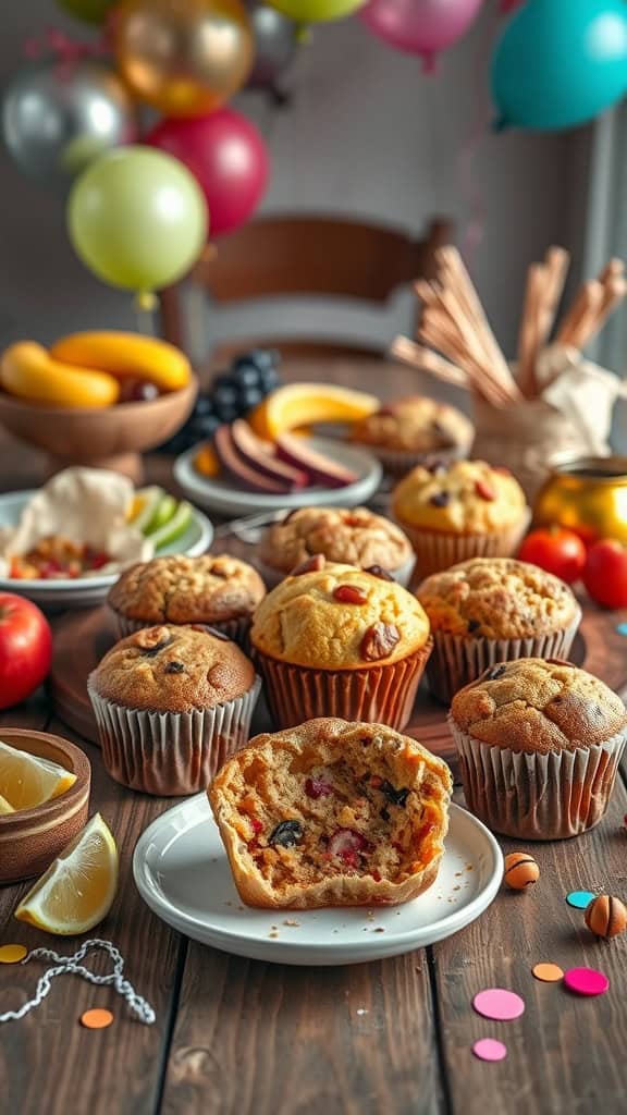 A variety of colorful gluten-free muffins displayed on a table, perfect for a breakfast party.