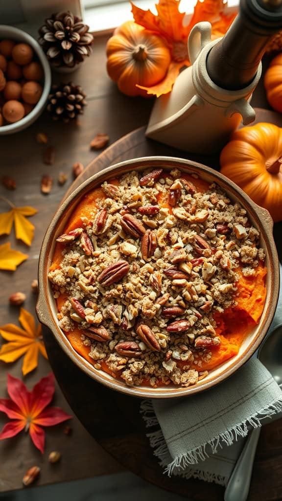 Gluten-free sweet potato casserole with a pecan crumble topping