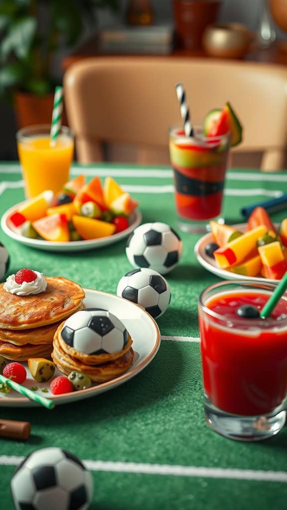 A colorful soccer-themed breakfast spread featuring pancakes and fruit.