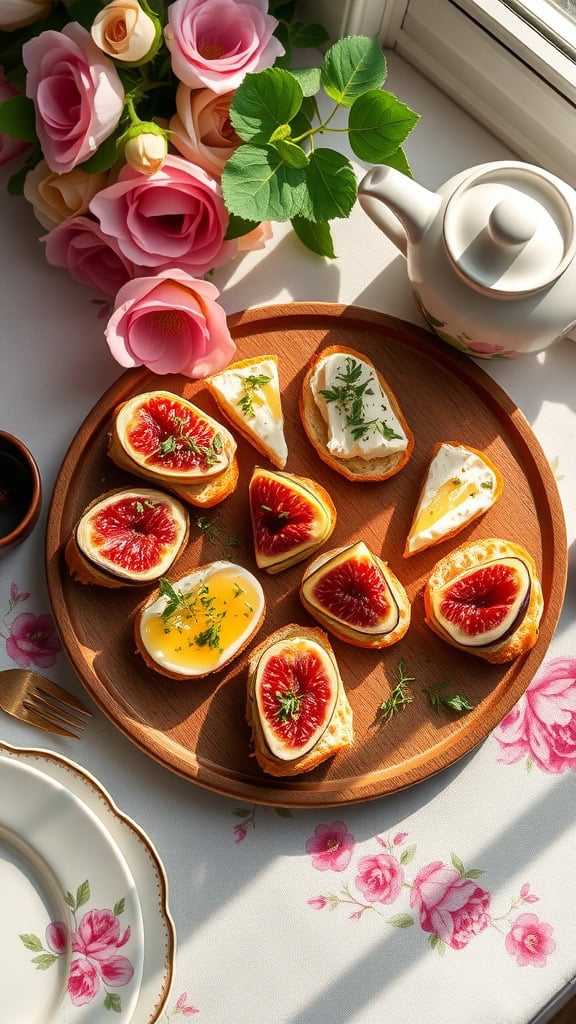 Delicious goat cheese and fig crostini on a wooden platter, topped with honey and thyme.