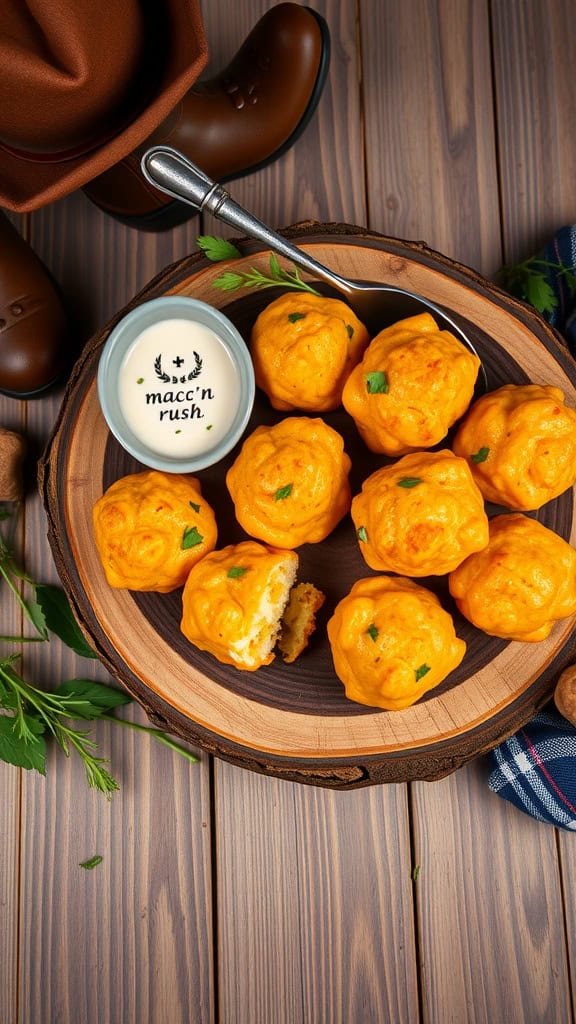 A plate of golden mac and cheese bites with a dipping sauce