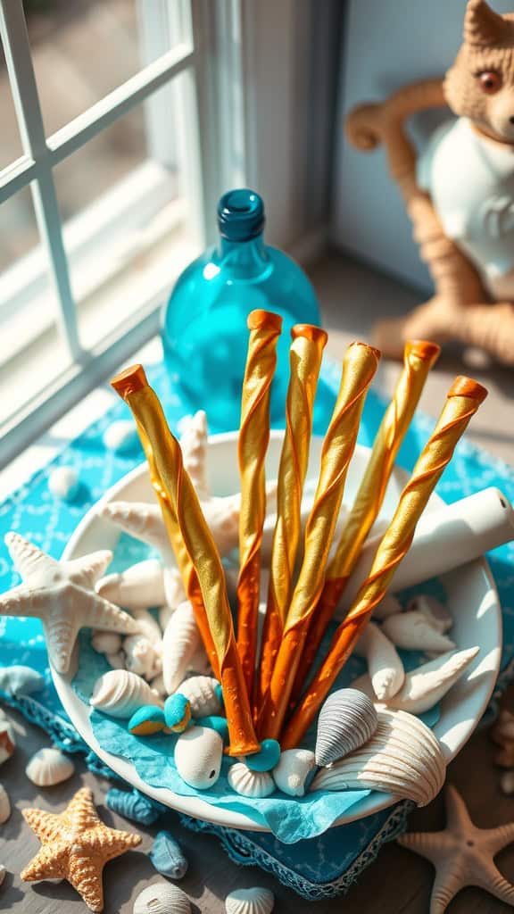 Golden Treasure Pretzel Rods dipped in metallic gold chocolate, arranged with decorative shells and a blue ocean theme.