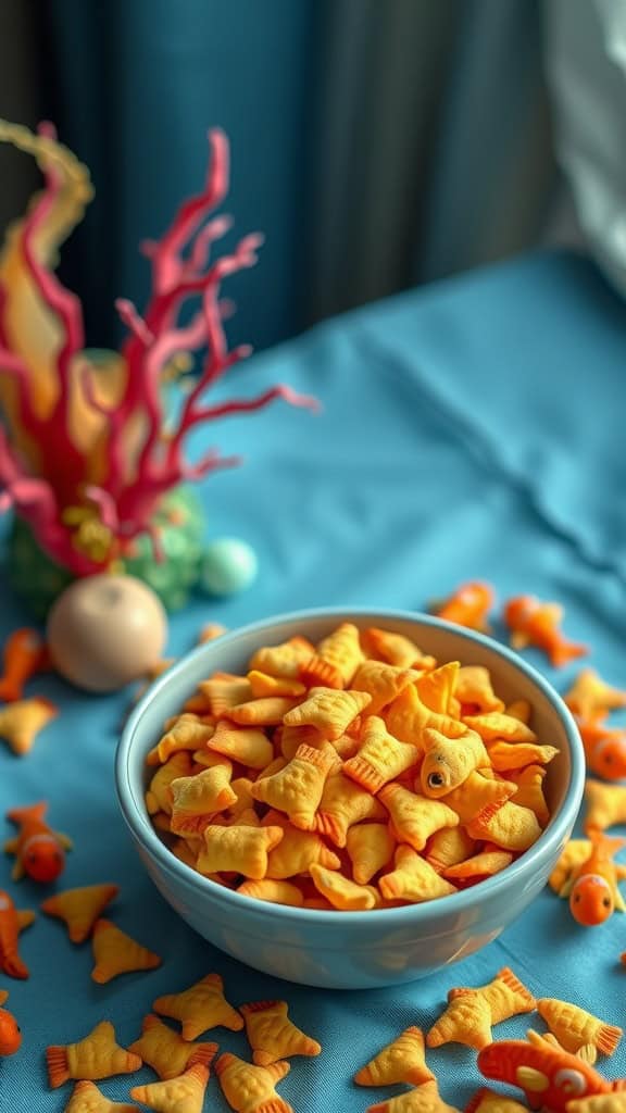 A bowl of Goldfish crackers snack mix, perfect for a fish-themed party.