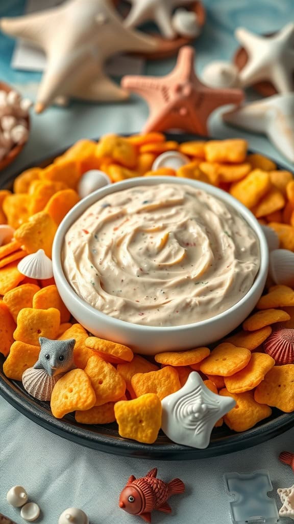 A plate filled with Goldfish crackers and a creamy dip, perfect for a birthday party.