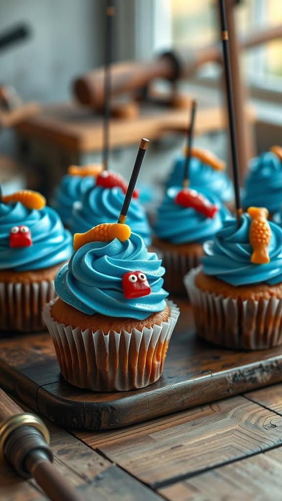 Cupcakes with blue frosting and edible fishing rods