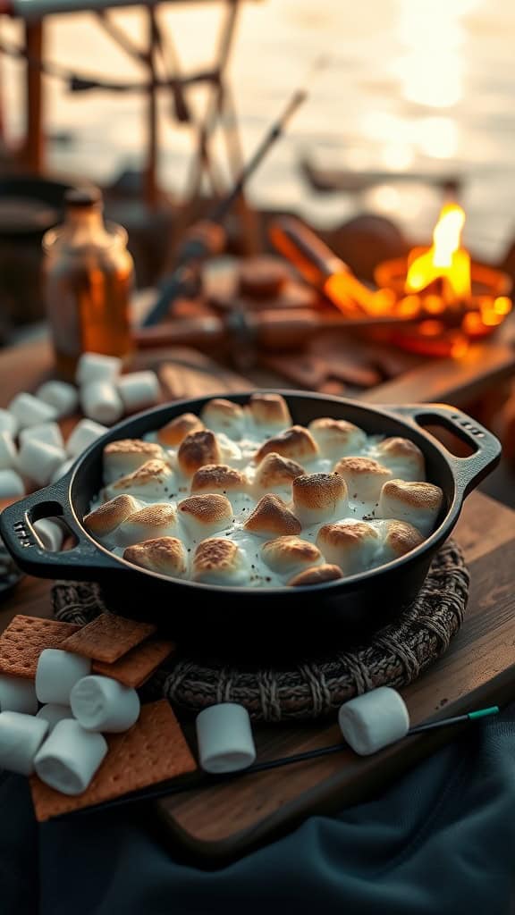 A delicious s'mores dip made with chocolate and toasted marshmallows, served with graham crackers.