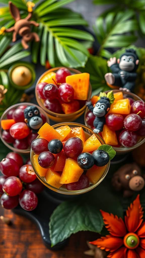 Colorful individual fruit cups with grapes, mango, and blueberries, decorated with jungle-themed items.