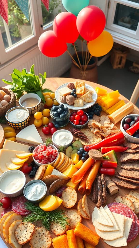 A vibrant grazing table filled with an assortment of snacks including cheeses, fruits, and vegetables.