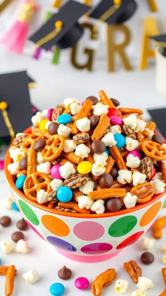 A colorful snack mix with popcorn, pretzels, candy, and nuts in a bowl