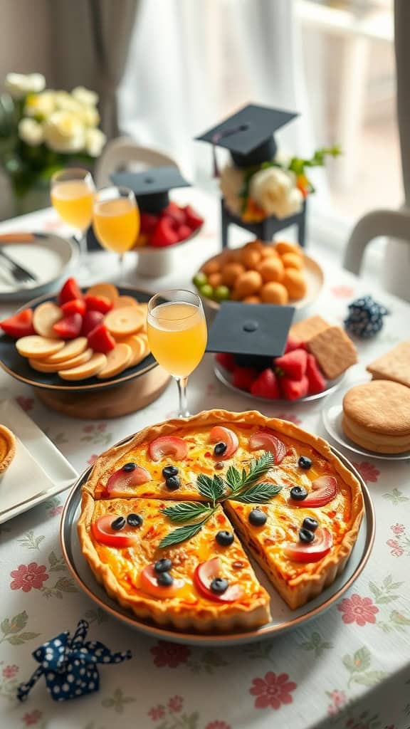 A beautiful graduation brunch setup with a delicious quiche and fresh fruit.