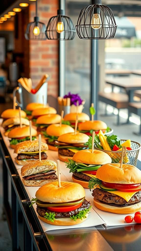 A delicious burger with various toppings on a wooden platter, perfect for a graduation celebration.