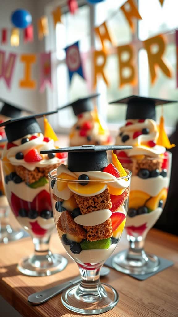 Graduation dessert parfaits in clear cups with layers of yogurt, fruit, and granola