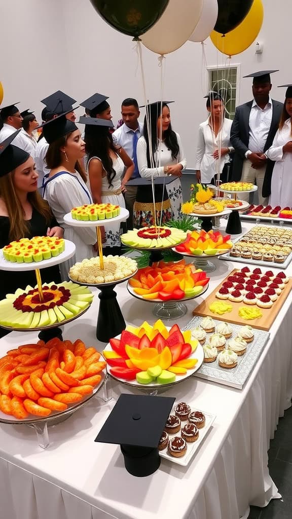 A vibrant fruit platter featuring strawberries, blueberries, peaches, and more, perfect for graduation celebrations.