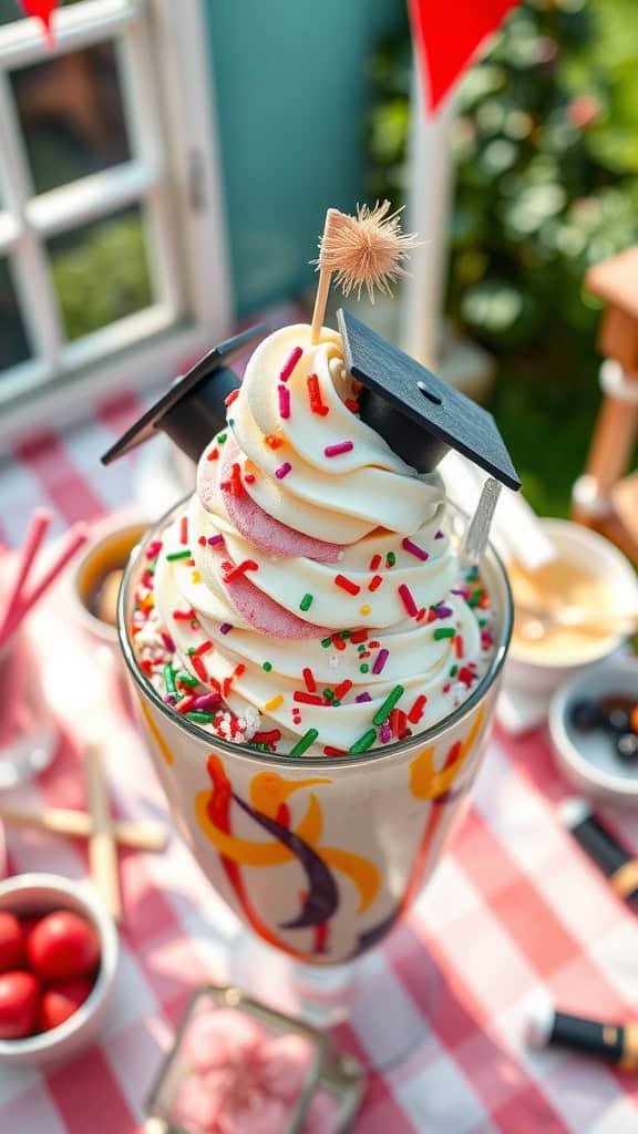 An ice cream sundae topped with colorful sprinkles and a graduation cap decoration.