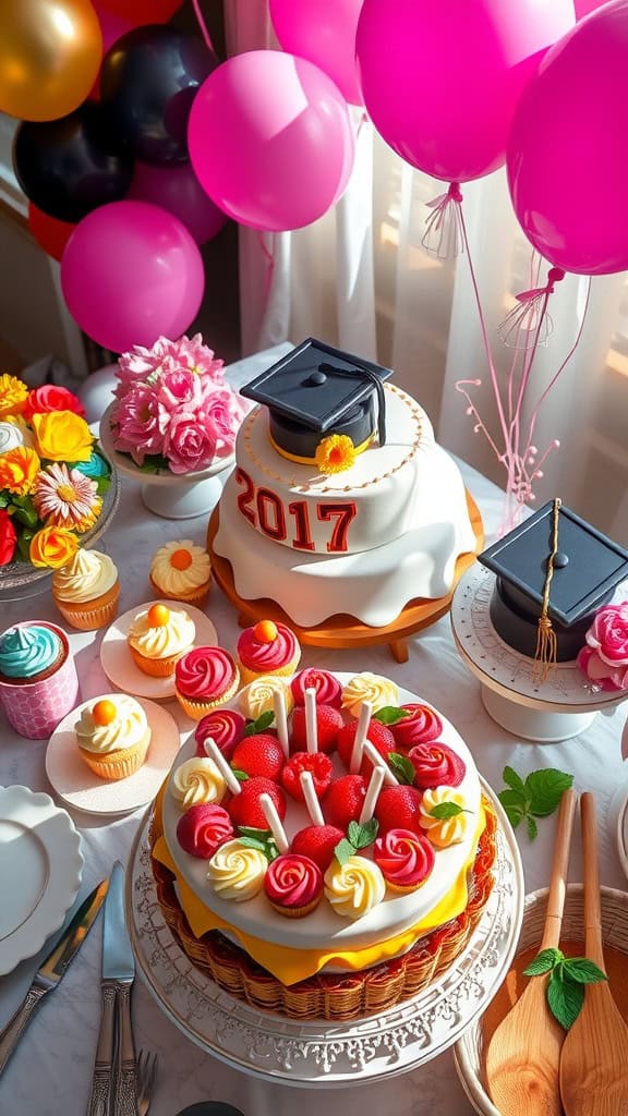 A festive dessert table featuring colorful cakes, cupcakes, and decorations suitable for a graduation party.