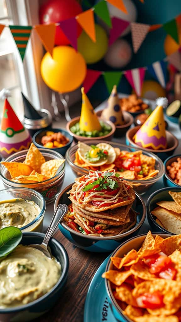 A colorful Mexican food bar setup with tacos, chips, guacamole, and vibrant decorations.