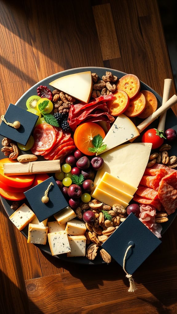 A stylish graduation-themed charcuterie board featuring a variety of cheeses, meats, fruits, and decorative elements.