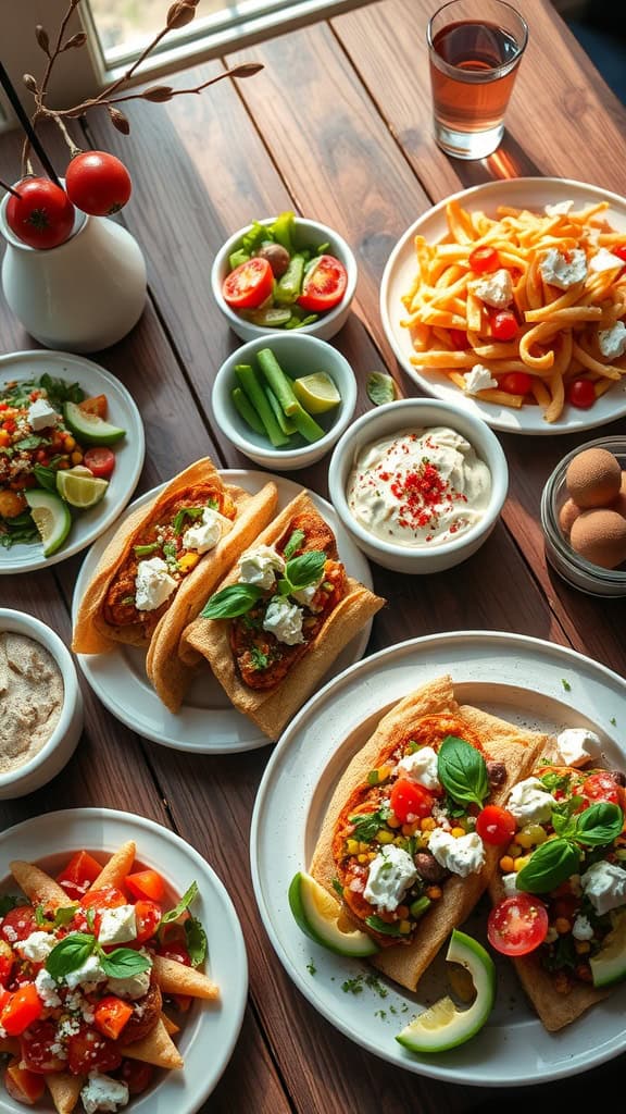 A vibrant spread of Greek food including gyros, salads, and dips, perfect for a party buffet.