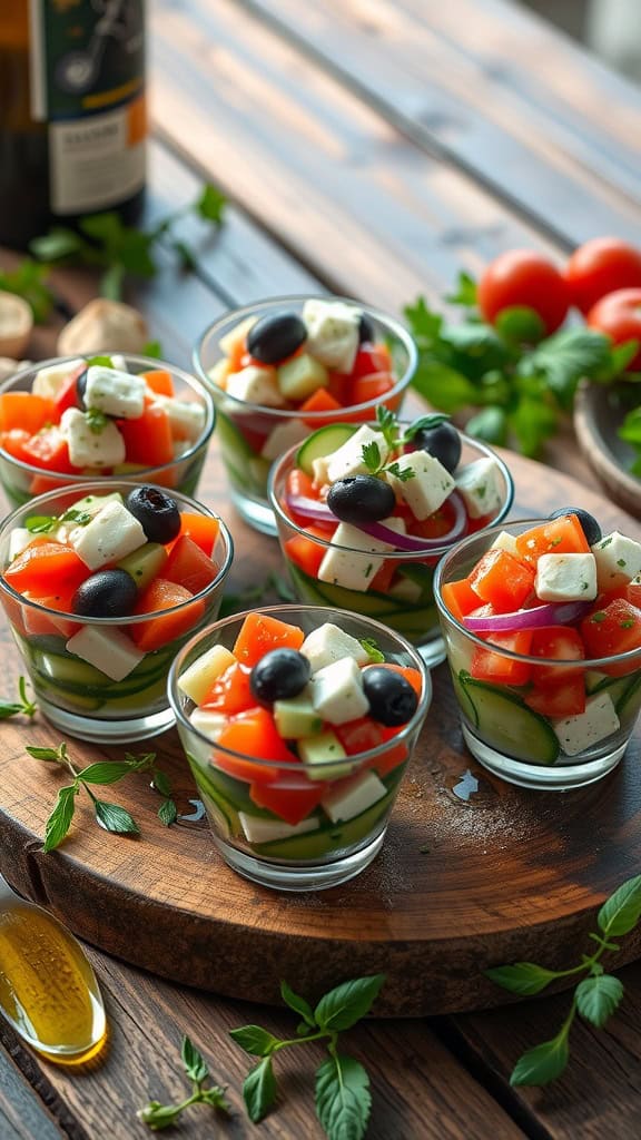 Colorful Greek salad cups with cucumbers, tomatoes, feta cheese, and olives