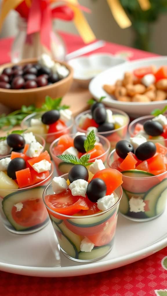 Greek salad cups with cucumbers, tomatoes, feta, and olives served in mini cups.