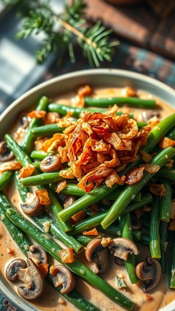 A close-up of a green bean casserole with crunchy toppings, mushrooms, and green beans.