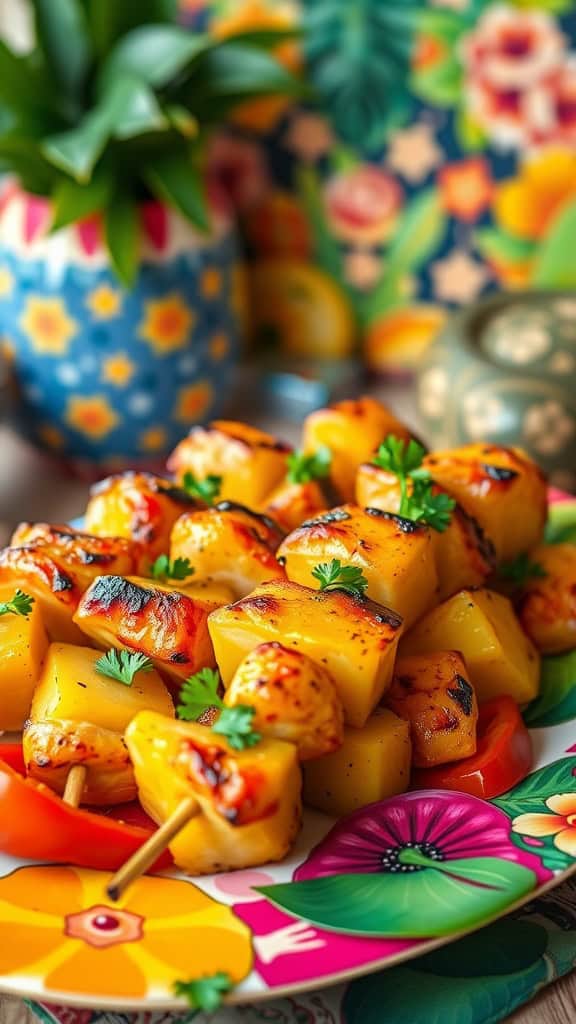 Grilled pineapple chicken skewers on a colorful plate