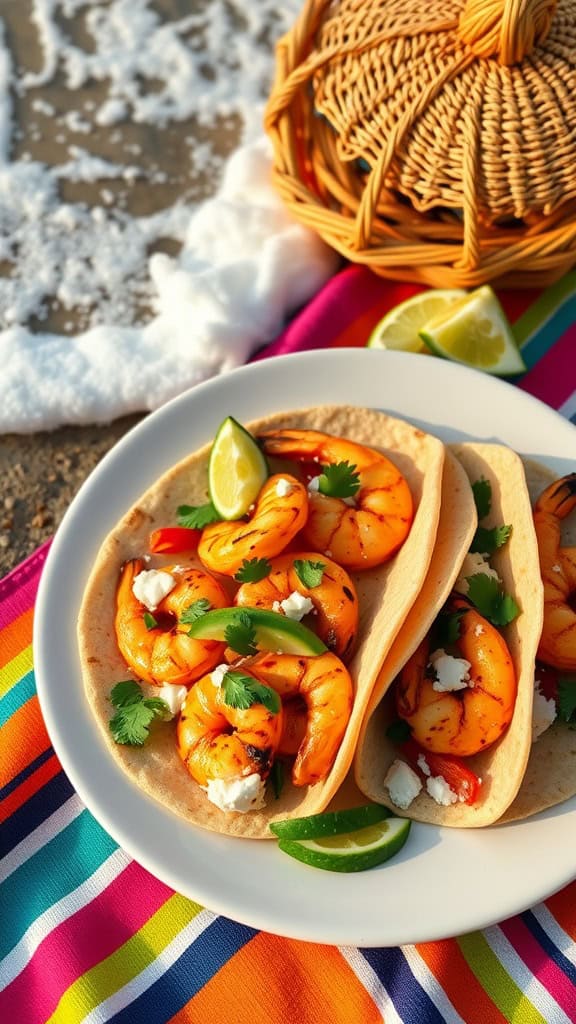 Grilled shrimp tacos served with lime and colorful toppings