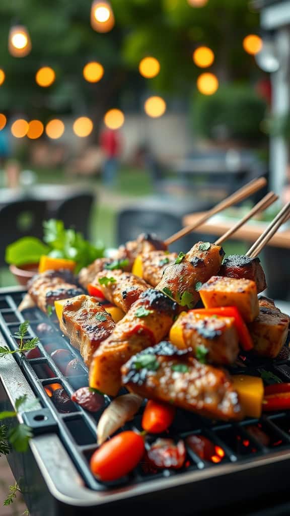 Grilled meat and vegetable skewers on a barbecue grill.